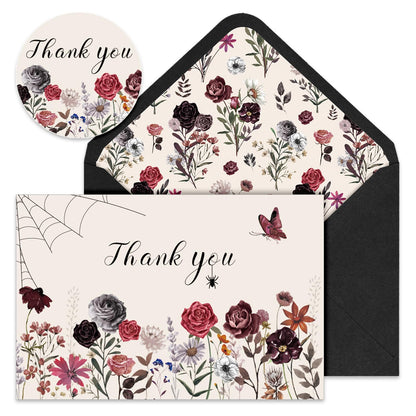 Whaline 36 Packs Halloween Floral Thank You Cards Watercolor Flower Greeting Cards with Envelopes and Stickers Blank Note Card for Wedding Birthday Party Supplies