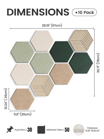 Fluxynara Hexagon Cork Board Alternative for Walls Decor-10-Pack Felt Bulletin Board Tiles,with 30 Pushpins,50 Adhesive Tabs for Office,Classrooms & Home Pin Board Felt Board-Nordic Moss