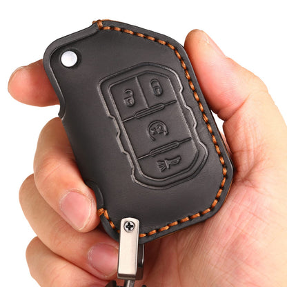 EASYANT Handmade Leather Car Key Fob Cover Compatible with Jeep 2018-2024 Wrangler Gladiator Sahara Rubicon 4 Buttons Black