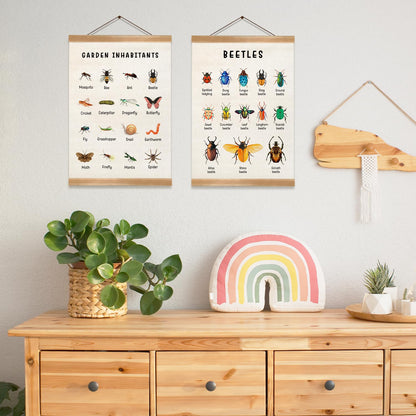 ZTGDA Insect Posters Garden Inhabitants&Beetles Linen Canvas Wall Art with Wooden Frame, Montessori Nature Posters for Classroom Playroom or Homeschool Decor(Set of 2 Insect)