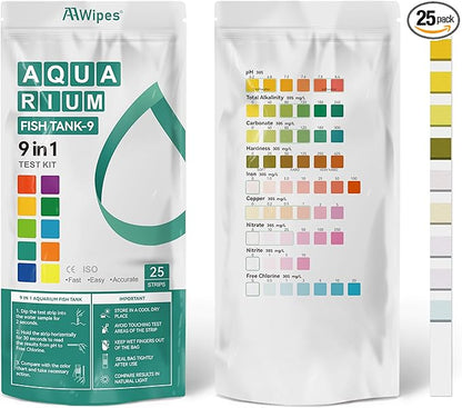 AAwipes Fish Tank Marine Water Test Strips 9-in-1 |25 Strips | Freshwater, Saltwater & Reef Tanks Quick & Accurate Test pH, Carbonate, Copper, Alkalinity, Hardness, Chlorine, Nitrate, Nitrite, etc
