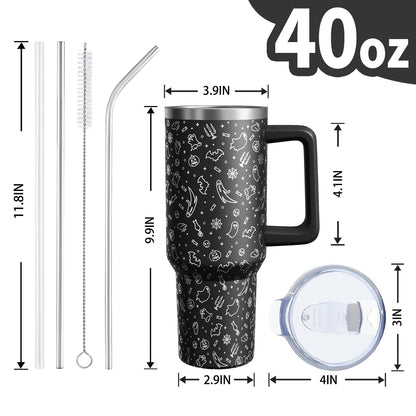 Sabobo Halloween Ghost Cup Gifts for Women Men, Spooky 40oz Tumbler with Handle and Straw, Holiday Black Engraved Stainless Steel Insulated Water Bottle (1 PC)