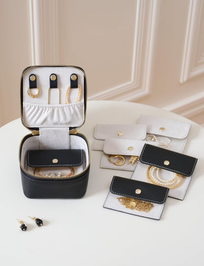 Popvibe Travel Jewelry Box Organizer Small Jewelry Case with 6 Jewelry Bags Mini Pouch, Portable Traveling Jewelry Case for Women, Black Leather Compact Jewelry Travel Necklace Case Holder