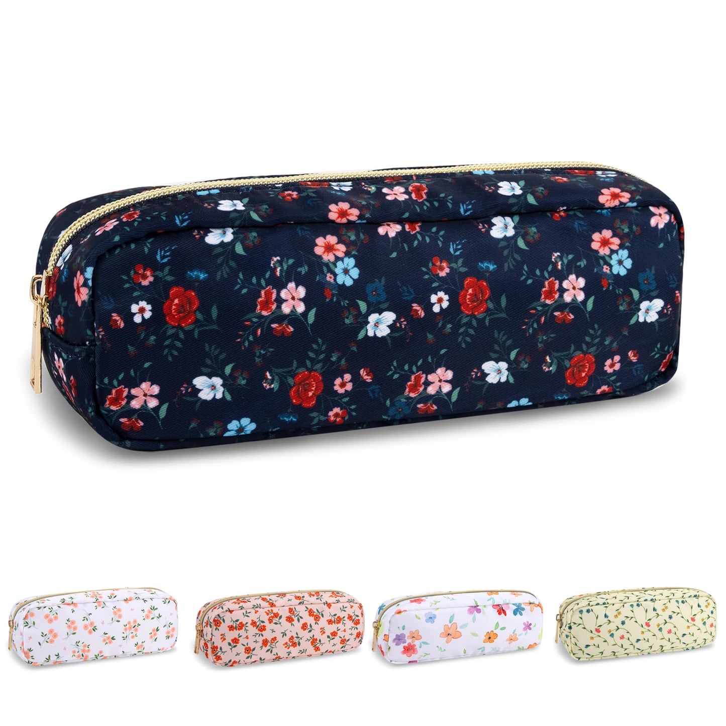 UIXIZQ Waterproof Small Floral Pencil Case Makeup Bag for Purse,Cute Flower Pencil Pouch Preppy Nylon Makeup Brush Holder with Zipper,Girls Portable Storage Case Pen Bag for Work(Slim Black-Flowers)