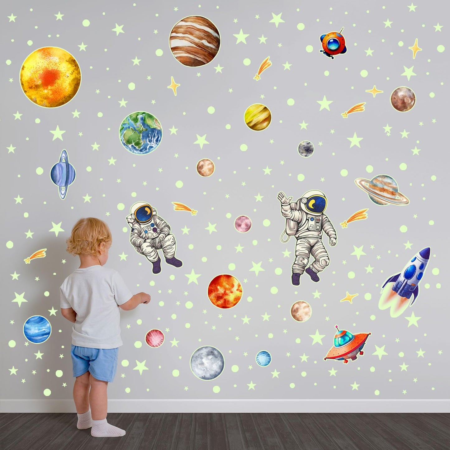 Glow in The Dark Solar System Wall Stickers 5 Sheets Bright Astronaut Planet Star Rocket Decals Peel and Stick Clings for Kids Room Bedroom Decoration