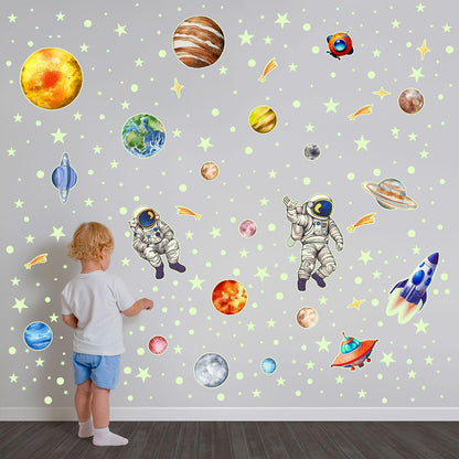 Glow in The Dark Solar System Wall Stickers 5 Sheets Bright Astronaut Planet Star Rocket Decals Peel and Stick Clings for Kids Room Bedroom Decoration