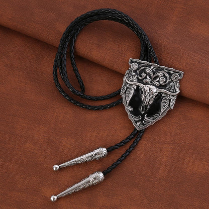 Popeoiuh Vintage Bolo Tie for Men Women Western Cowboy Leather Necktie Handmade Bolotie Cowboy Bull Head Shield Shape Bola Tie