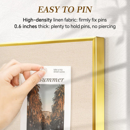 QUEENLINK Linen Bulletin Board 24" x 18", Fabric Pin Board with Gold Aluminum Frame, Decorative Vision Board for Home Office, Bedroom & Dorm Wall Decor, Includes 10 Push Pins, Beige