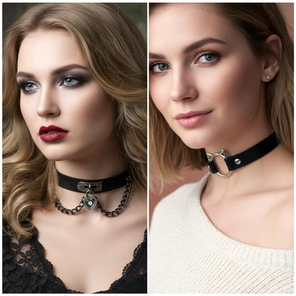 Afcabakila Black Punk Goth Choker Necklace & Spiked Studded Bracelets Set, 9 Adjustable PU Leather Collars & 6 Rivet Spiked Cuffs, Gothic Rock Metal Wristband for Daily Wear Cosplay Festival