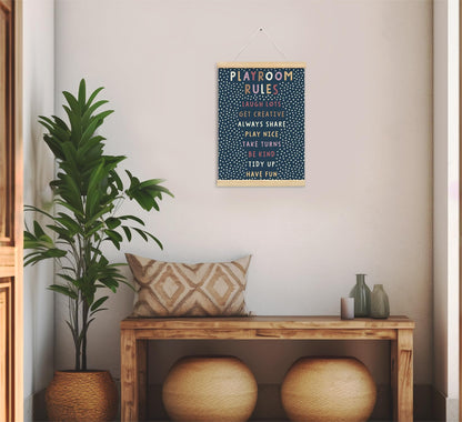 Playroom Kids Tollder Room Wall Decor, Play Room Rules Wall Decor for Kids Play Game Room Bedroom Nursery Home School Playroom Essentials, Canvas Hanging Banner Wood Poster Frameds(navy)