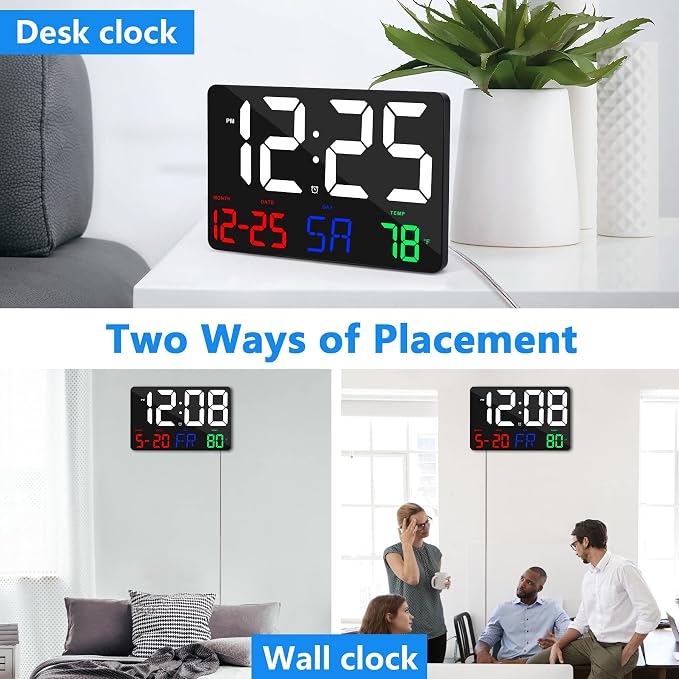 Digital Wall Clock,11.5" LED Digital Alarm Clock Large Display,with Remote Control,Adjustable Brightness, Calendar, Temperature, Snooze, 12/24 H, for Living Room, Office, Bedroom, Elderly, Adults Set