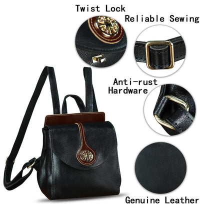 LRTO Genuine Leather Small Backpack Purse for Women Knapsack Casual Daypack College Back Bag (Black)