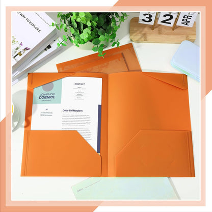 Henoyso 60 Pcs Plastic Folders with Clear Front Pockets Heavy Duty File Folders with 2 Pockets and Card Slot for Student Communication School Office Presentation Report (Orange)