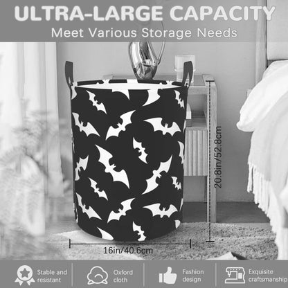 Halloween Bats Collapsible Laundry Basket,Black Bat Bedroom Waterproof Laundry Hamper,Bathroom Large Storage Bag,College Dormitory Living Room Nursery Organizer Toy Bin 16" x 20"