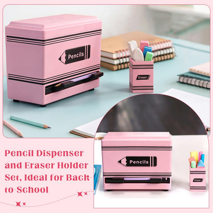 Gueevin 2pcs Pencil Dispenser for Classroom, Fun Desk Organizer with Eraser Holder, Interactive Pencil Storage for Teachers, Students & Homeschool Desk Organizer, Back to School Supplies(Pink)