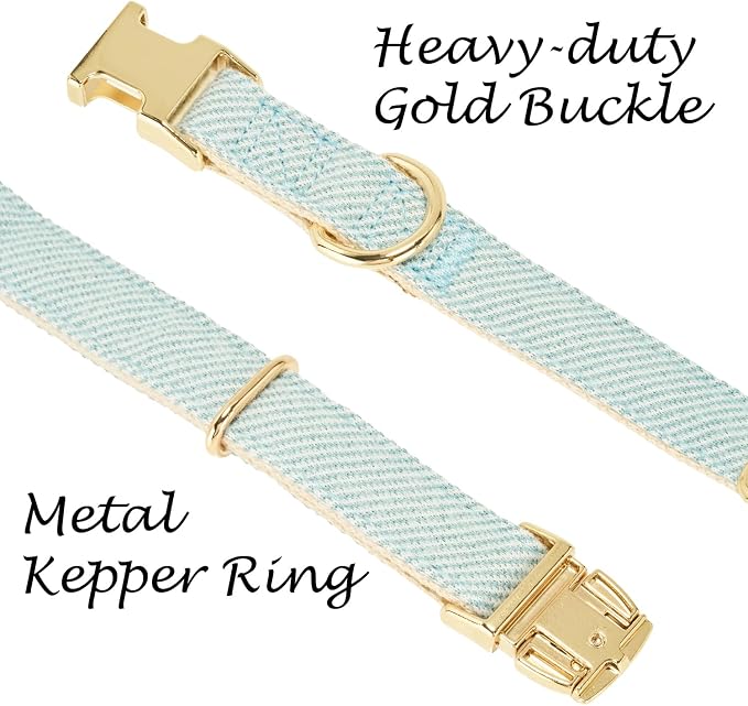 Luxury Soft Cotton Tweed Fabric Dog Collar & Leash Set with Gold Buckle – Durable Fabric, Stylish Design for Everyday Walks(Small LtBlue)