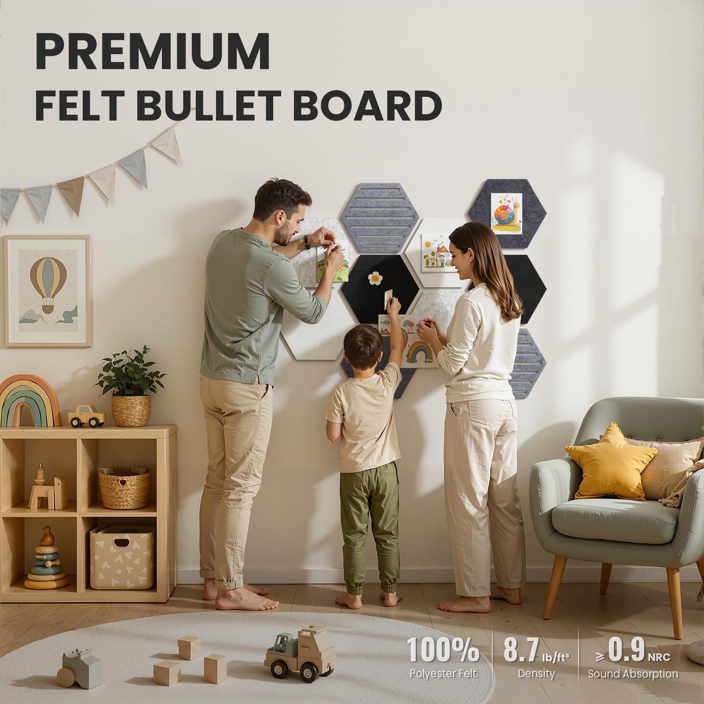 Hexagon Cork Bulletin Board Tiles, 10 Pack Felt Board with 25 Push Pins, Photo Display Board for Office & Home Classroom Wall Decor, 11.8x10.2 Inches