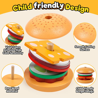 Kizh Wooden Burger Sorting Stacking Toy for Toddlers - Preschool Montessori Educational Fine Motor Toys for Kids Boys Girls