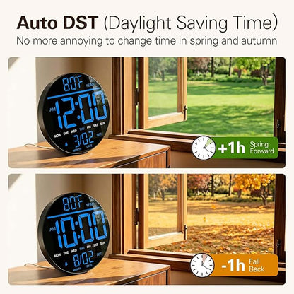 JALL 8" Large Digital Wall Clock with LED Display, Wall Clock with Temperature, Auto DST, Alarm Countdown Timer, 5 Brightness for Office, Bedroom, Living Room, Gym, Classroom Décor, Xmas Birthday Gift