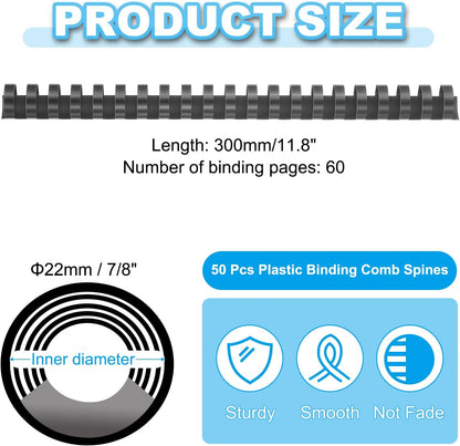 PATIKIL 22mm (7/8") Plastic Binding Combs, 50 Pcs 21 Rings Comb Binding Spines 190 Sheet Capacity Letter Size for Binding Paper Sheets Notebook Calendar Picture Album, Black