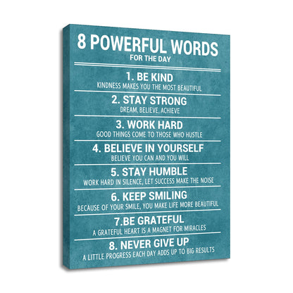 YSPCSUN Inspirational Posters for Office 8 Powerful Words for the Day Quote, Teal White Canvas Wall Decor for Home Office Dorm Classroom, Single Panel Framed Canvas, 24x18 Inch