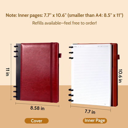Yoment Refillable Notebooks for Work Discbound: Hardcover Notebook with 5 Subject Removable Dividers Tabs Colleged Ruled Large Journal for Writing Women Men 240 Pages,Dark Red