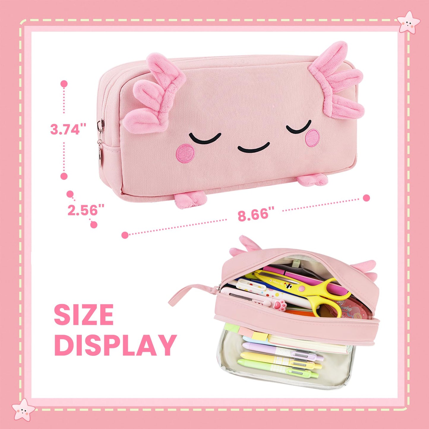 EHZYP Axolotl Pencil Case, Pencil Case For Girls Kids, Salamander Pen Box For School, Large Capacity Pen Pouch,School Supplies Bag for Kids (Pink)