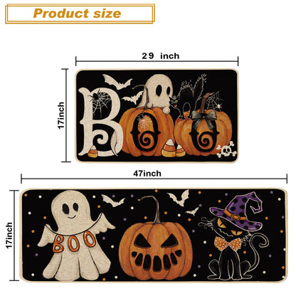 Baccessor Halloween Kitchen Mats Set of 2, Ghost Pumpkin Cat Spider Web Bat Boo Kitchen Rugs for Floor Low-Profile Farmhouse Fall Halloween Party Home Decor 17x29 and 17x47 Inch