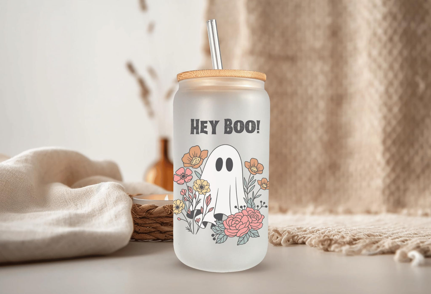 Floral Ghost “Hey Boo!” – 16 Oz Frosted Glass Can | Cute Halloween Iced Coffee Cup | Spooky Season Aesthetic Tumbler | Fall Gift for Her | Reusable Glass Cup with Straw