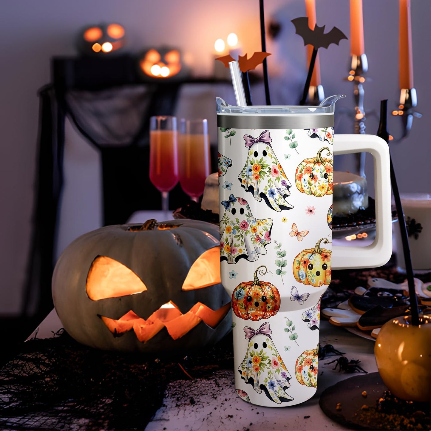 Kearscupra 40oz Cute Ghost Halloween Flowers Tumbler With Handle and Straw,Gifts for Women Pumpkin Coffee Mug Water Bottle, Stainless Steel Insulated Cup
