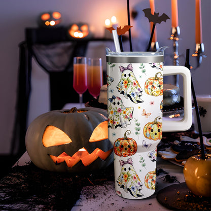 Kearscupra 40oz Cute Ghost Halloween Flowers Tumbler With Handle and Straw,Gifts for Women Pumpkin Coffee Mug Water Bottle, Stainless Steel Insulated Cup