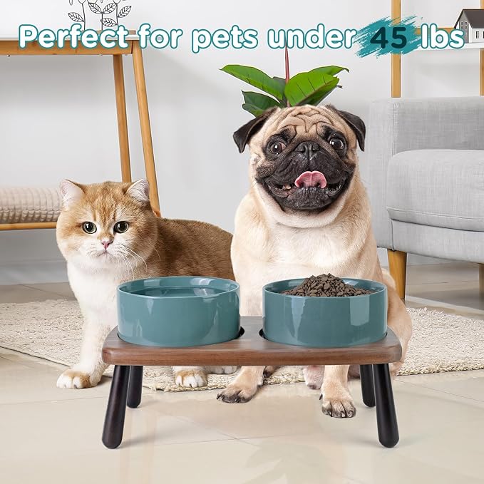SPUNKYJUNKY Ceramic Elevated Dog Bowls Raised with Acacia Bamboo Wooden Stand, 6.1'' Dog Cat Food Water Bowls Set Non-Slip for Small Medium Sized Breed Microwave Dishwasher Safe - 28.7 OZ,Dark Green