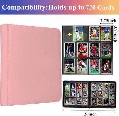 12 Pocket Card Binder, 720 Pockets PU Leather Zipper Trading Card Collection Album, Side-Loading Card Storage Folders for MTG, TCG, Game/Sport Crads (Pink, 12 Pockets)