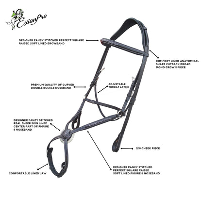 Exion Comfort Lined Anatomic Shape Mono Crown Piece Designer Fancy Stitched Perfect Square Raised Double Buckle Adjustable Figure 8 Noseband Jumping Bridle with Rubber Reins | Royal English Bridle
