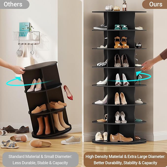 7-Tier Rotating Standing Shelf Unit with Dividers, 360° Storage Display Tower Vertical Floor Organizer, for Bedroom, Closet, Entryway & Office, Ideal for Shoes, Cosmetics & Handbags, Black