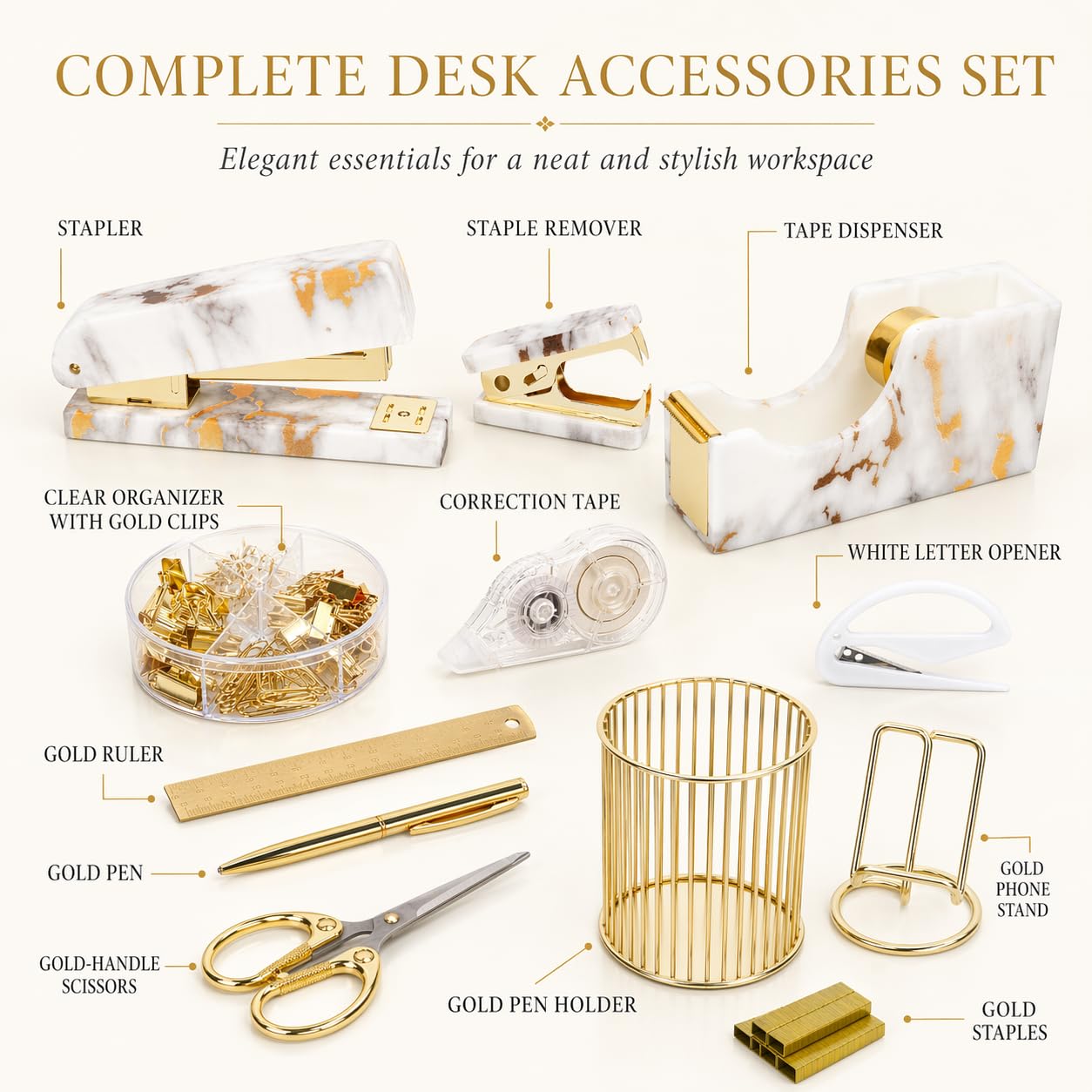 Office Desk Accessories Supplies - 13 Pcs Women Gold Marble Desk Decor Set, Cute Aesthetic Office Essentials Kit, Stapler Tape Dispenser Pen Organizer, Acrylic Mini Teacher Stuff for School Home Work