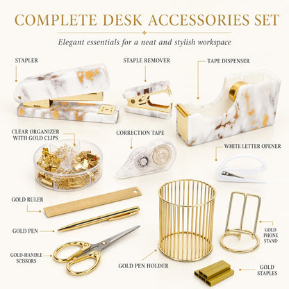 Office Desk Accessories Supplies - 13 Pcs Women Gold Marble Desk Decor Set, Cute Aesthetic Office Essentials Kit, Stapler Tape Dispenser Pen Organizer, Acrylic Mini Teacher Stuff for School Home Work