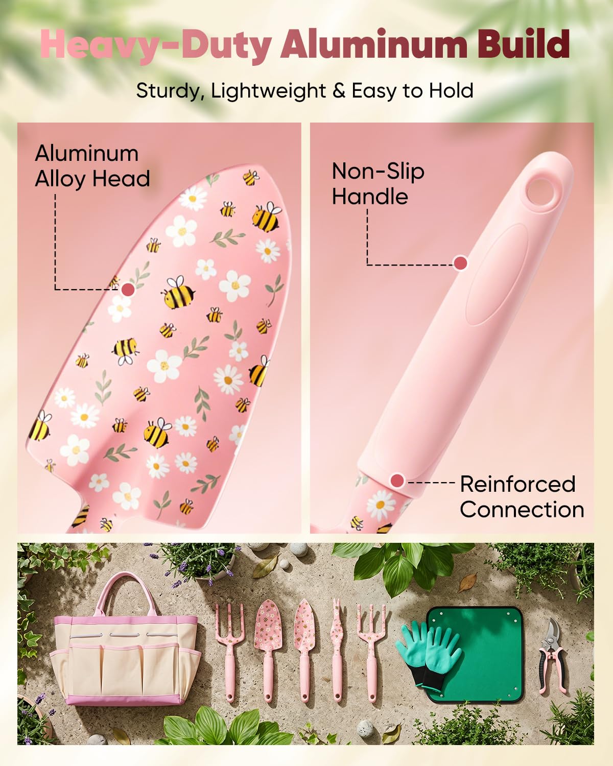 Garden Tool Set Gardening Tools - Heavy Duty Aluminum Tool Kit with Non-Slip Handle, Gardening Gloves and Tool Bag for Weeding, Planting and Pruning, Gifts for Women Mom (Pink Set)