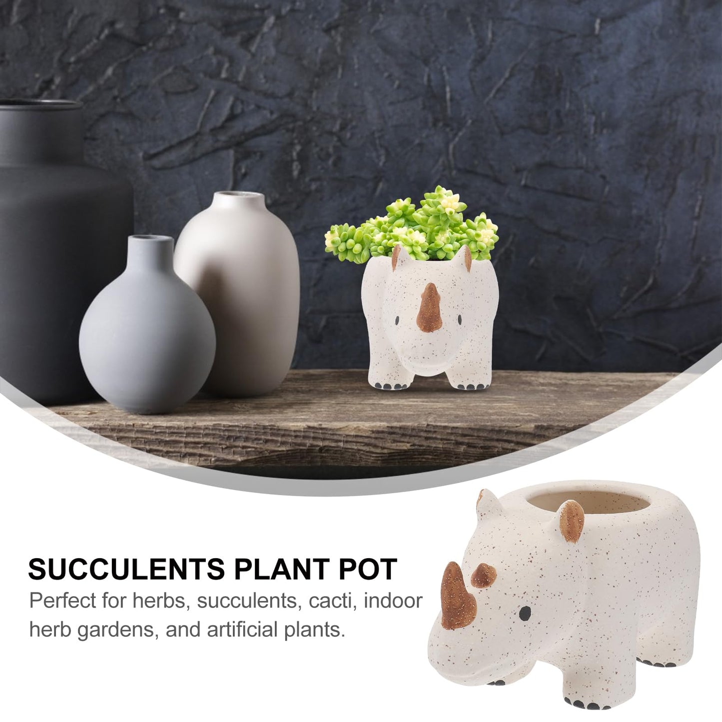 Hemoton Rhino Shaped Ceramic Planter Cute Animal Planter for Mini Plants Cactus, Smooth Shiny Ceramic - Plants Not Included, 8.25" Wide, Rhino