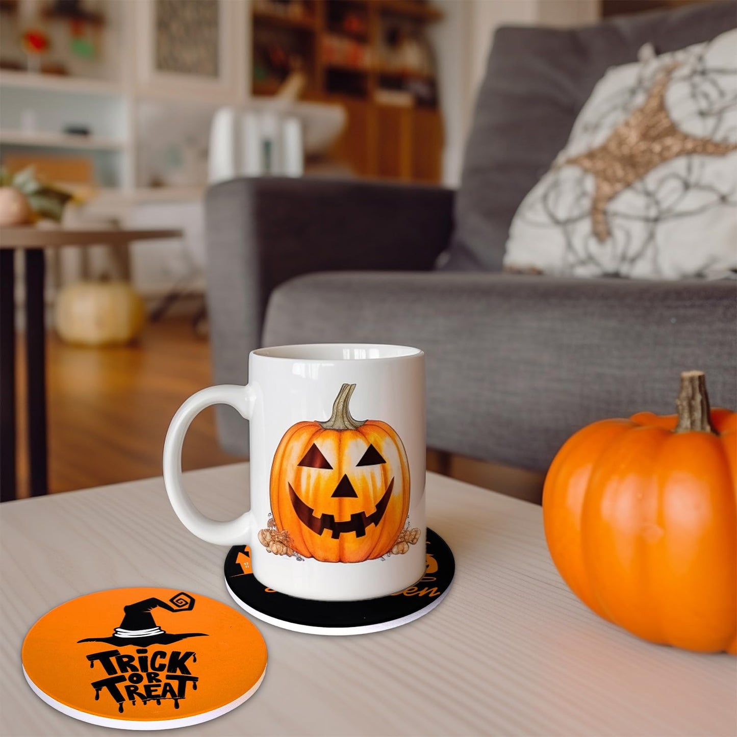 JarThenaAMCS 4Pcs Halloween Coasters Orange Black Round Ceramic Coaster Trick or Treat Heat-Resistant Cup Mats for Wooden Table Protection Home Party Supplies