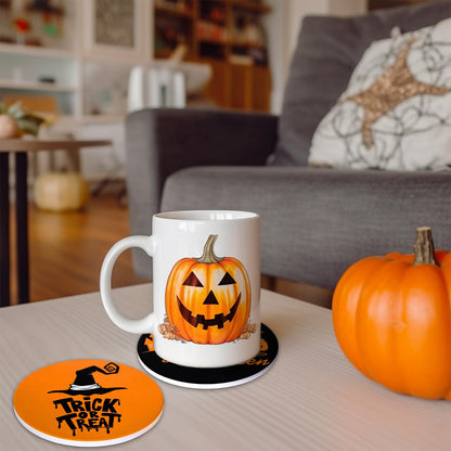 JarThenaAMCS 4Pcs Halloween Coasters Orange Black Round Ceramic Coaster Trick or Treat Heat-Resistant Cup Mats for Wooden Table Protection Home Party Supplies