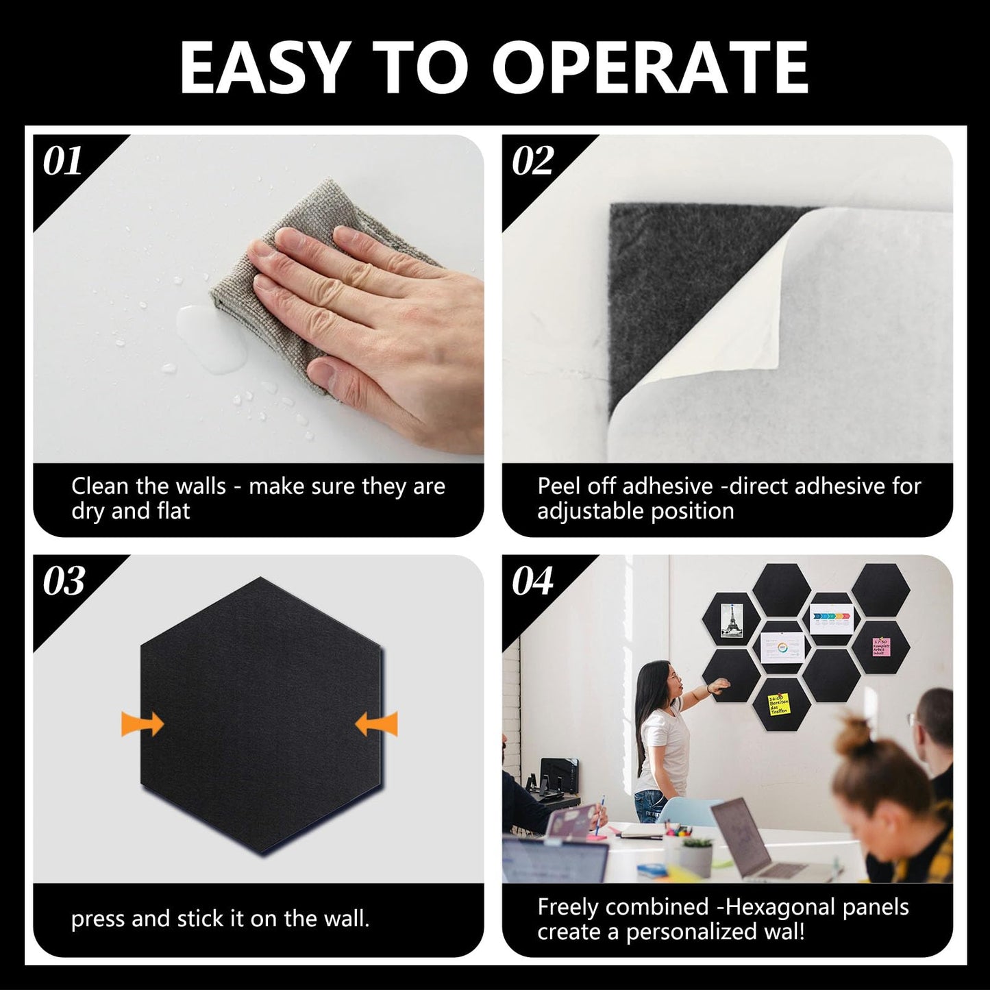 8 Packs Navy Blue Hexagon Felt Pin Board, 12" Bulletin Board with 30 Push Pins, Felt Board for Home Kitchen Office Decor, Self-Adhesive Corkboard Tiles for Walls Message Photos Memos Display