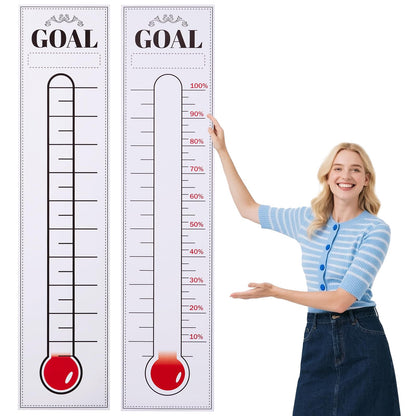 Goal Setting Fundraising Thermometer - 2 Pcs 48" x 11" Dry Erase Self-Adhesive Goal Tracker: Ideal for Charities, Non-Profit, Community & Office Fundraisers, Events & Projects