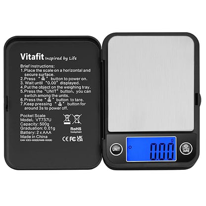 Vitafit 500g Digital Pocket Scale,High Accuracy Assured by Scale Professional Factory Since 2001, Gram Scale 0.01g for Multifunction: Lab,Food, Kitchen,Coffee,Jewelry; Black