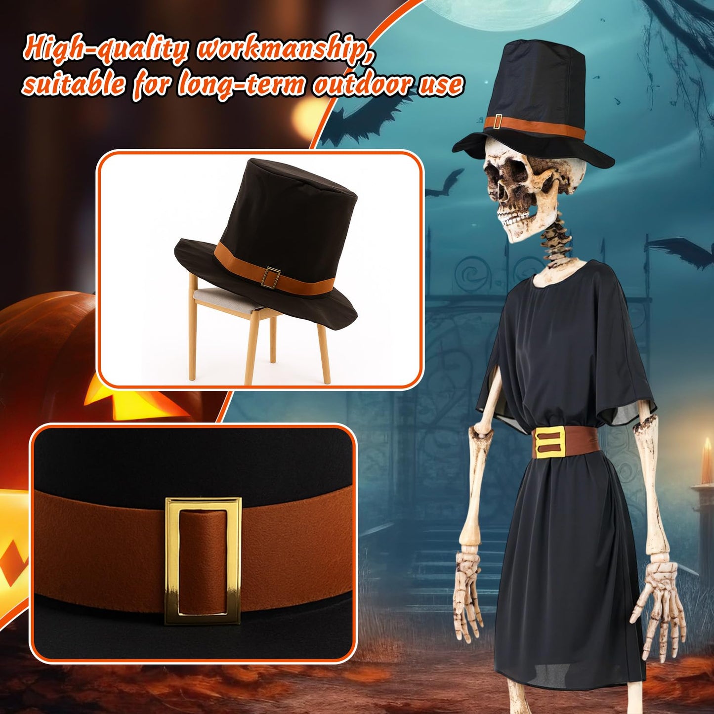 Tarpop 2Pcs Halloween 12 ft Skeleton Outfit Set Giant Skeleton Pilgrim Costume Includes Black Jazz Hat Pilgrim Jacket for Halloween Thanksgiving Outdoor Yard House Prop Decorations