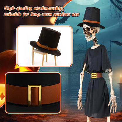 Tarpop 2Pcs Halloween 12 ft Skeleton Outfit Set Giant Skeleton Pilgrim Costume Includes Black Jazz Hat Pilgrim Jacket for Halloween Thanksgiving Outdoor Yard House Prop Decorations