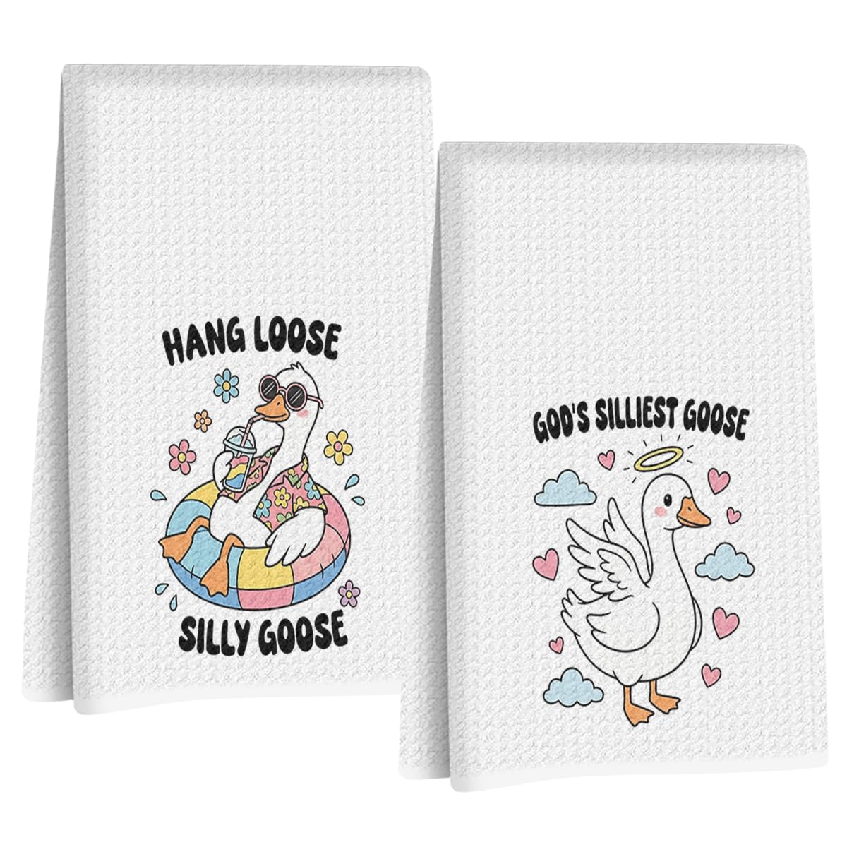 Jztco 2 Pcs Funny Silly Goose Kitchen Towels 24x14 Inch, Silly Gooses Gifts Absorbent Hand Tea Towel, Waffle Dish Towels for Kitchen Bathroom Home Decor, Goose Lover Gifts for Women Mom