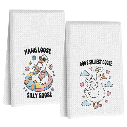 Jztco 2 Pcs Funny Silly Goose Kitchen Towels 24x14 Inch, Silly Gooses Gifts Absorbent Hand Tea Towel, Waffle Dish Towels for Kitchen Bathroom Home Decor, Goose Lover Gifts for Women Mom