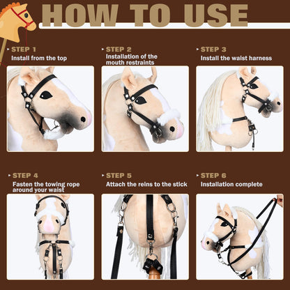 Shappy Hobby Horse Toy Accessories Realistic Horse Bridle with Metal Bit and Adjustable Reins, Faux Leather and Stainless Steel for Equestrian, Themed Events Competitions and Play(Black)