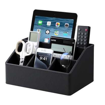 Cretkhp Desk Organizer Caddy with 5 Compartments for Office Art Supplies, PU Leather Nightstand Organizer Pencil Pen Desk Caddy for Home, Desktop TV Remote Control Holder Storage (Black)